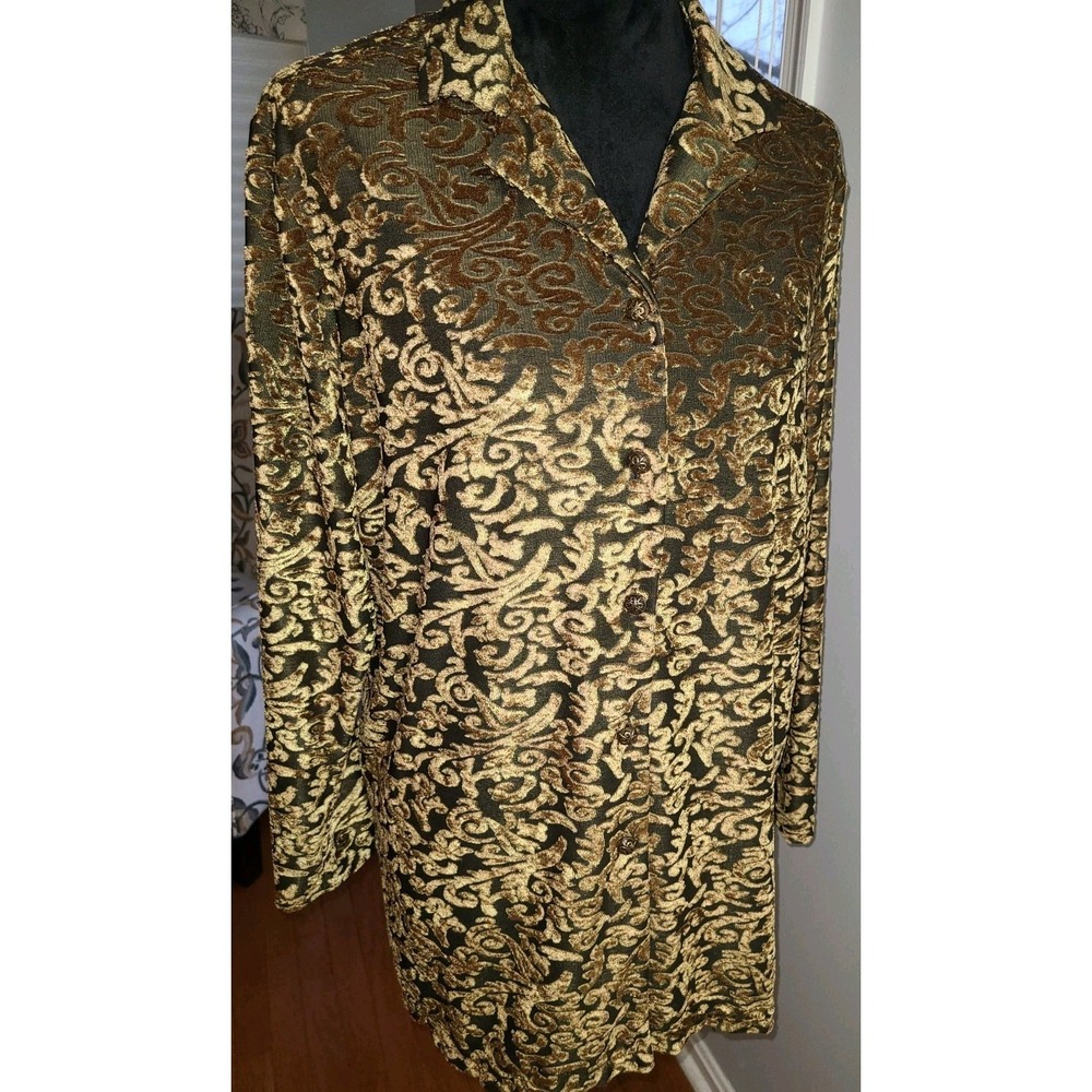 VTG Diane Von Furstenberg DVF Womens Lg Blouse Button Up Black/ Gold Flocking